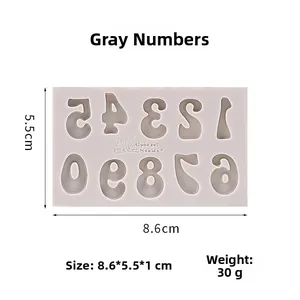 Detailed size view of gray silicone number mold for cake baking and candle diy crafts