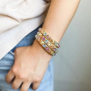Elegant Gold Plated Multicolor Square Artificial Crystal Stretch Bracelet For Women Shiny Rhinestone Jewelry Accessories