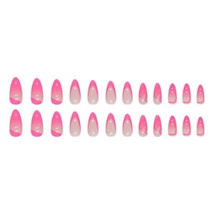 French rose pink gradient almond fake nails with glitter and wave texture 24pcs set