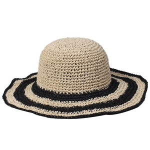 Beige wide brim straw hat with black stripes, foldable sun protection for beach travel