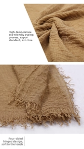 Detail showing soft solid-color voile scarf texture and eco-friendly tassel edges