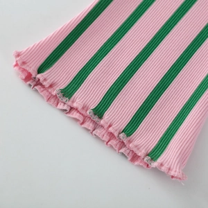 Pink and green striped flared pants with ruffle edges and vertical knit texture
