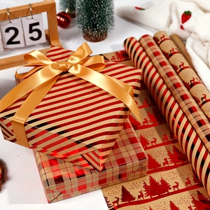 Christmas kraft wrapping paper rolls with red gold reindeer and plaid festive patterns