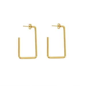 Detailed view of gold 18K stainless steel rectangular earrings with earring backs on white background