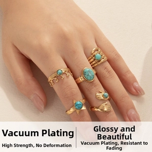 Detail of five-piece gold-plated bohemian ring set featuring turquoise stones on a hand