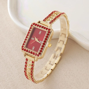 Women's gold rectangular wristwatch set with red rhinestones and a deep red grid dial