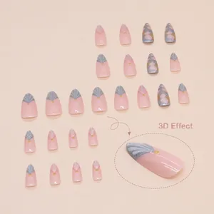 3D Rococo almond-shaped press-on nails in pink with relief patterns and glitter
