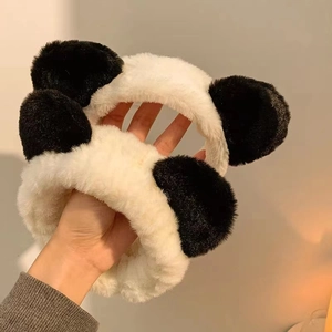 Cute panda plush headband with black ears for washing face, fluffy hair accessory