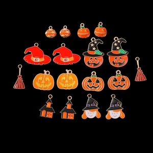 10Pcs Halloween charms set featuring gold plated pumpkin, witch hat and broom pendants