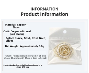 Detailed size specifications for gold letter A pendant with zircon and box chain