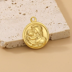 Detail of golden round coin pendant with Virgin and Child embossed relief on stone
