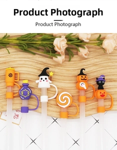 Detailed set of 6 Halloween themed PVC straw toppers with pumpkin and ghost designs