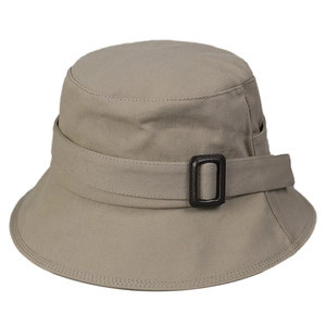 Khaki structured cotton bucket hat with decorative leather buckle strap for women