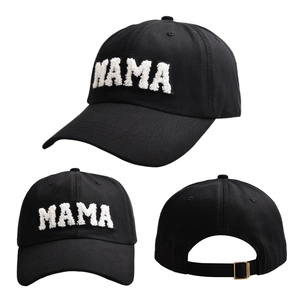 Detail views of black cotton baseball cap with white chenille MAMA embroidery and metal buckle