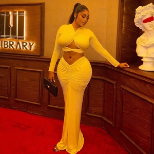 Women Long Sleeve Twist Hollow Out Crop Top And High Waist Ruched Maxi Skirt Solid Color Stretch Knit Sexy Bodycon Elegant
