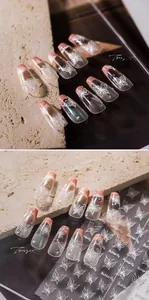 Detailed 5D embossed white butterfly nail decals with pink gradient French style press-ons