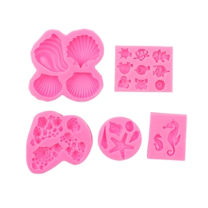 5-piece pink silicone marine molds featuring sea shells, coral, fish and seahorse designs