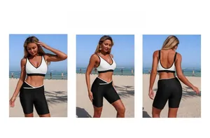 Three views of a white V-neck bikini top and black high-waisted shorts beach set