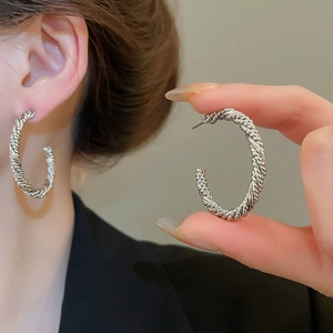 Detailed close-up showing the intricate silver twisted rope texture on these hoop earrings