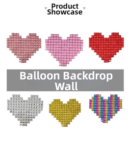 Macro view of heart-shaped pixel foil balloon wall kit in multiple metallic colors