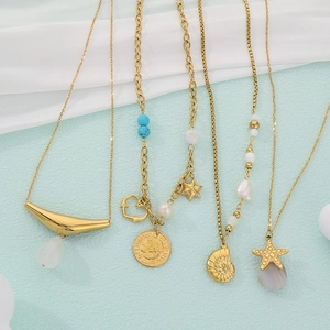 Retro 18K gold plated stainless steel necklaces with turquoise and shell charms set