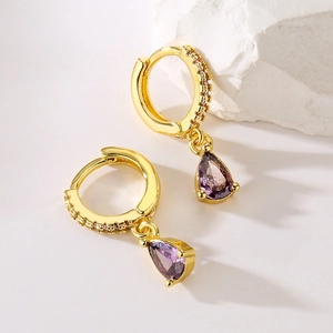 French style 18K gold plated hoop earrings featuring drop-shaped purple zircon crystals