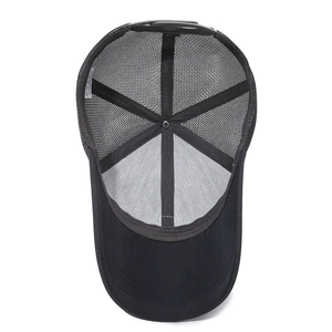 Men's breathable black mesh trucker baseball cap with acrylic fabric and 6-panel design