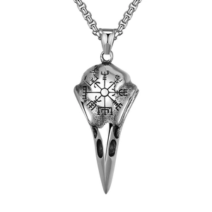 Silver stainless steel viking raven skull pendant necklace with vegvisir engraving