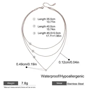 Detailed size chart for triple-layered stainless steel necklace with white rhinestone pendant