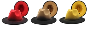 Three gradient two-tone wool felt fedora hats with wide brims and matching color lining