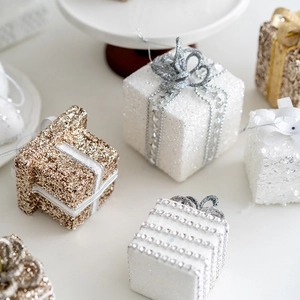 Champagne and white glitter Christmas gift box ornaments with ribbons for tree decoration
