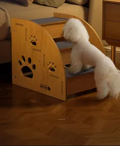 Detail view of solid wood 3-step pet stairs with non-slip pads and hollow bone patterns