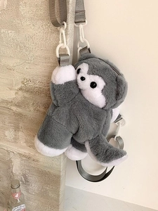 Cute plush husky dog animal crossbody bag with grey and white fur and durable strap