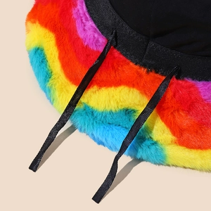 Rainbow striped faux fur bucket hat with internal drawstring for adjustable fit