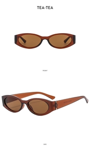 Detailed front and side views of vintage tea-colored oval frame sunglasses with clear specs