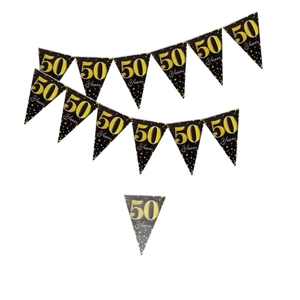 Black and gold 50th birthday triangle banner decoration for 50 years celebration party