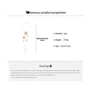 Size guide for a rose gold long metal tassel sweater necklace with circular disc pendants