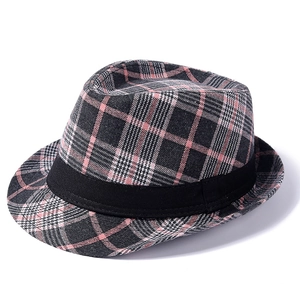 Classic British plaid fedora hat in dark grey with pink check and black ribbon band