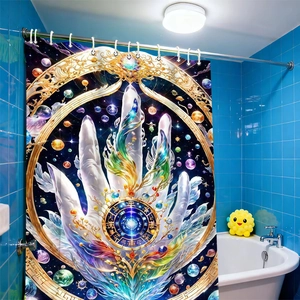 Rideau de douche galaxie florale avec anneau magique doré et ailes dans la salle de bain
