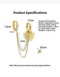 Detail showing 18K gold chain earring dimensions with star stud and crystal accents