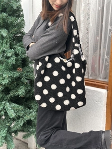 Borsa tote in peluche a pois da donna, morbida borsa a spalla in pile invernale