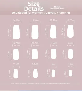 Detailed size chart for 24pcs brown heart press-on nails with 12 various dimensions