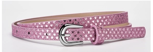 Close-up of pink glitter belt with star patterns and a silver metal buckle for girls