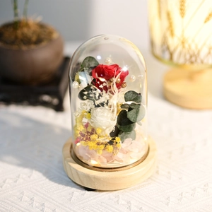 Close-up of red and white preserved roses with greenery in a lighted dome on wooden base