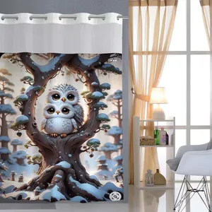 Detailansicht des Wintereulen-3D-Digitaldrucks auf Polyester-Duschvorhang mit Metallösen
