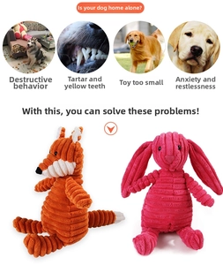 Detail of plush squeaky dog toys with corduroy texture and animal character designs