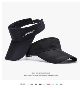 Detail showing two black empty top sun hats with SPORT embroidery and mesh fabric
