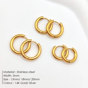 Detailed size comparison of 3mm wide gold stainless steel hoops in 15mm, 18mm, 20mm sizes