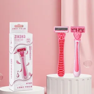 Rasoir manuel rose pour femmes avec 6 lames et poignée antidérapante ergonomique