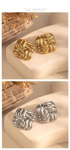 Detail of square woven texture earrings in gold and silver finish with vintage style